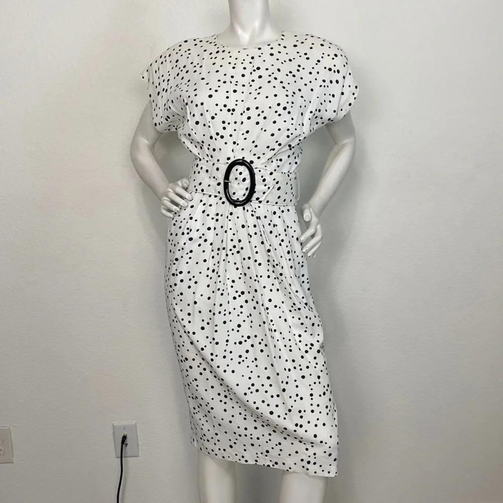 Dawn Joy Vintage Black White Retro Polka Dot Short Sleeve Y2K Midi Dress Size 5